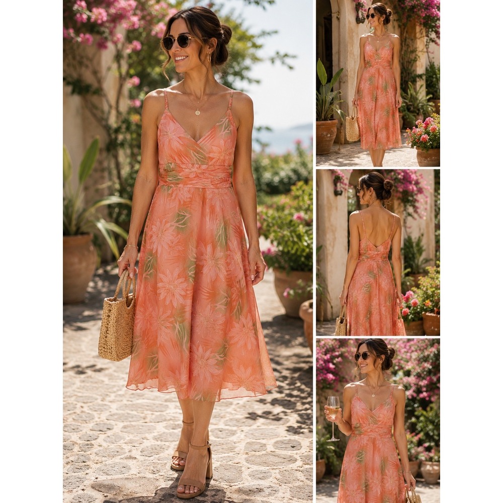 Studio 1940 Coral Tropical Floral Chiffon Midi Dress‎ Ruched Waist Size 10 NWT